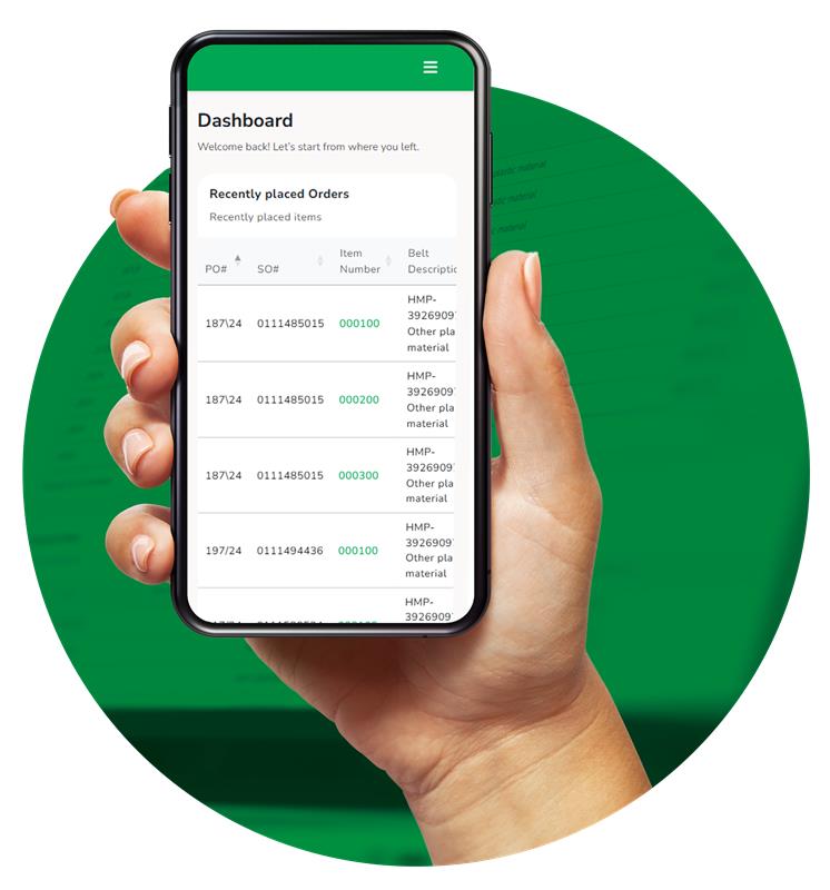 Mobile phone with open Habasit 360 customer portal on the screen